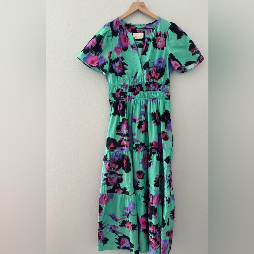 Anthropologie Mint Green Maxi Dress with Purple & Black Floral Print - Picture 3 of 16